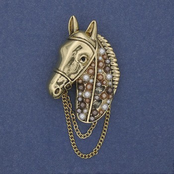 Brooch Horse Rhinestones Pearls Golden Chain 46x29mm+