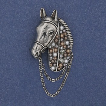 Brooch Horse with Rhinestones and Pearls Silver Chain 46x29mm+
