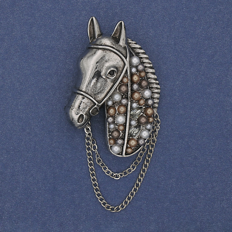 Brooch Horse with Rhinestones and Pearls Silver Chain 46x29mm+