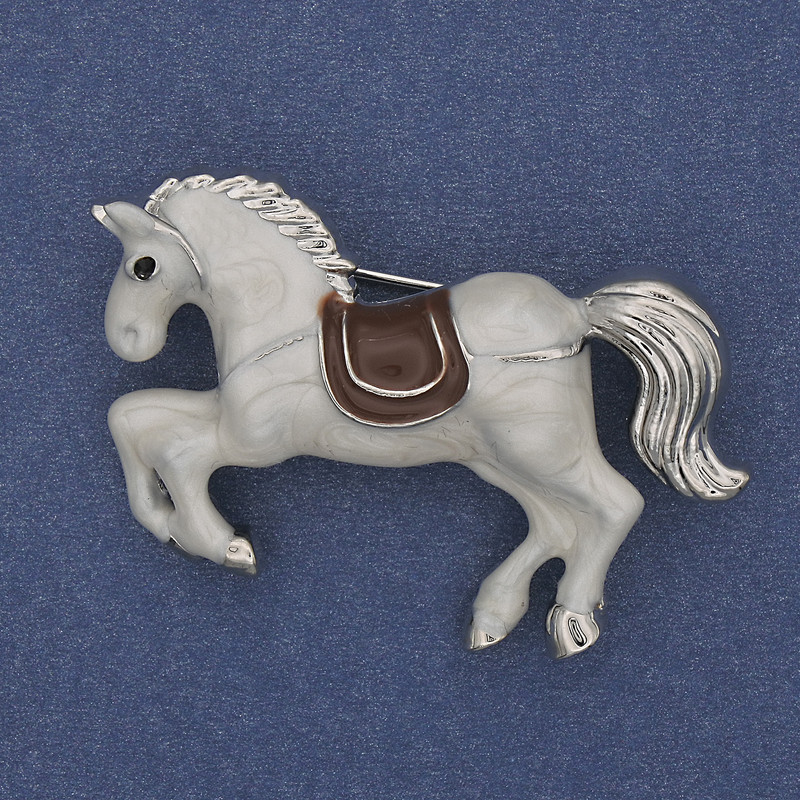 Brooch Pendant Horse White Enamel Silver Metal 46x28mm+