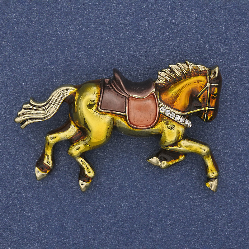 Brooch Horse Yellow Enamel with White Rhinestones Gold-Tone Metal 50×32mm+