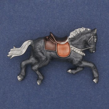 Brooch Horse Gray Enamel with White Crystals Gold-tone Metal 50x32mm+
