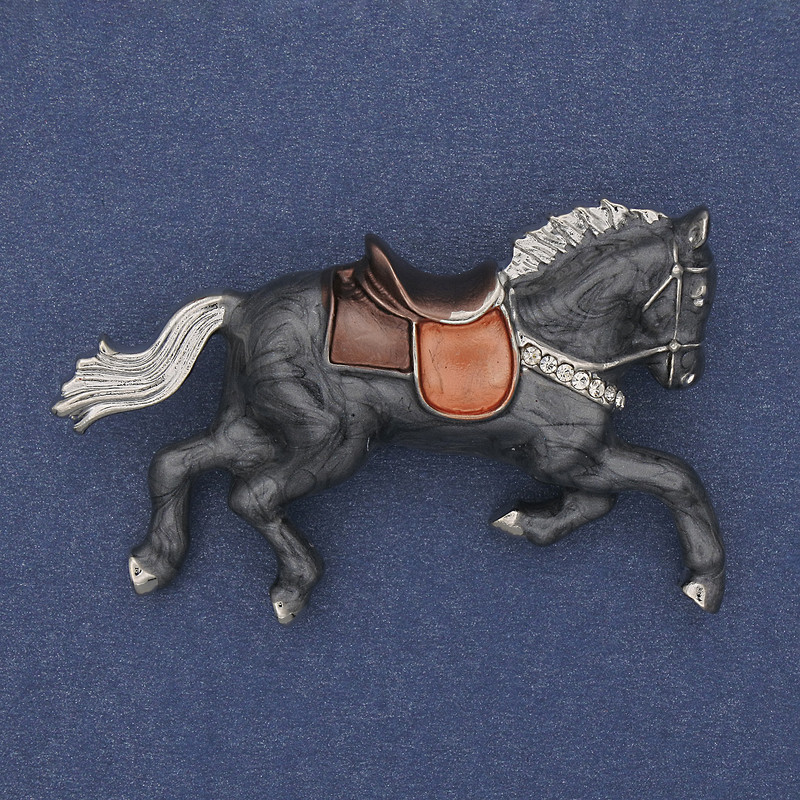 Brooch Horse Gray Enamel with White Crystals Gold-tone Metal 50x32mm+