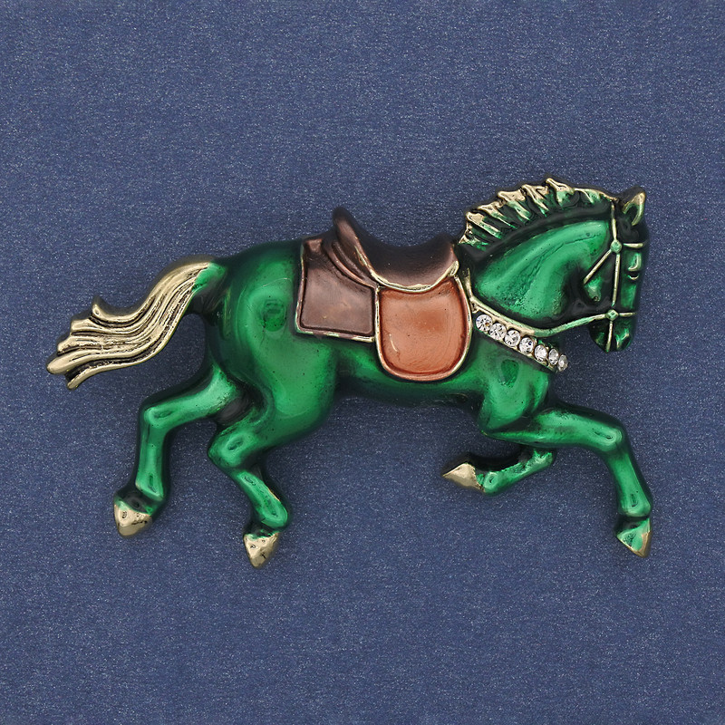Brooch Horse Green Enamel with White Rhinestones Gold-tone Metal 50x32mm+