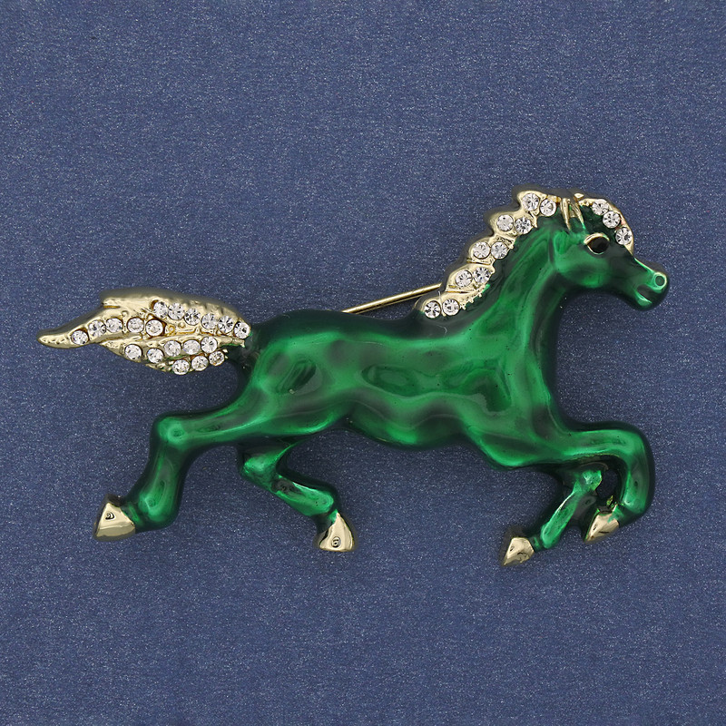 Brooch Horse Green Enamel with White Rhinestones Gold-tone Metal 50x32mm+