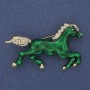Brooch Horse Green Enamel with White Rhinestones Gold-tone Metal 50x32mm+