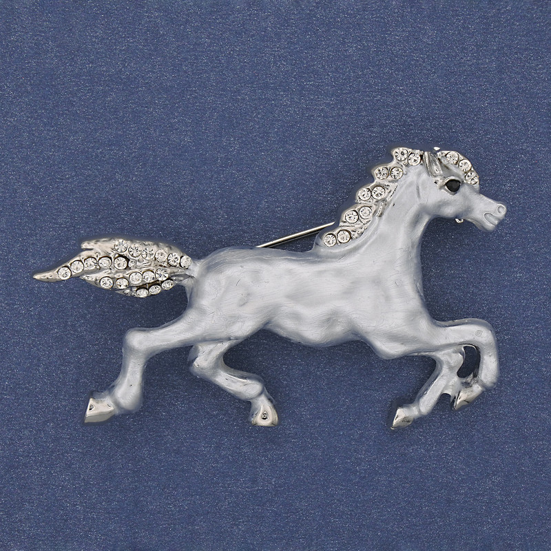 Brooch Horse Enamel White Crystals Silver Metal 50x32mm+