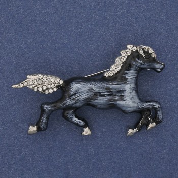 Brooch Horse Colorful Enamel with White Crystals Silver Metal 50x32mm+