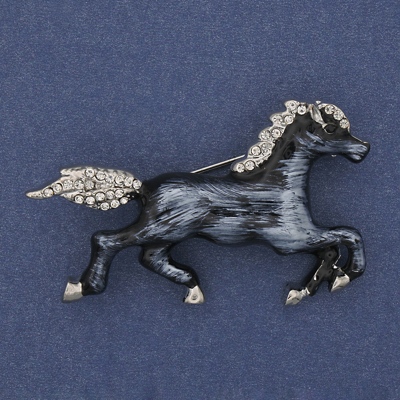 Brooch Horse Colorful Enamel with White Crystals Silver Metal 50x32mm+