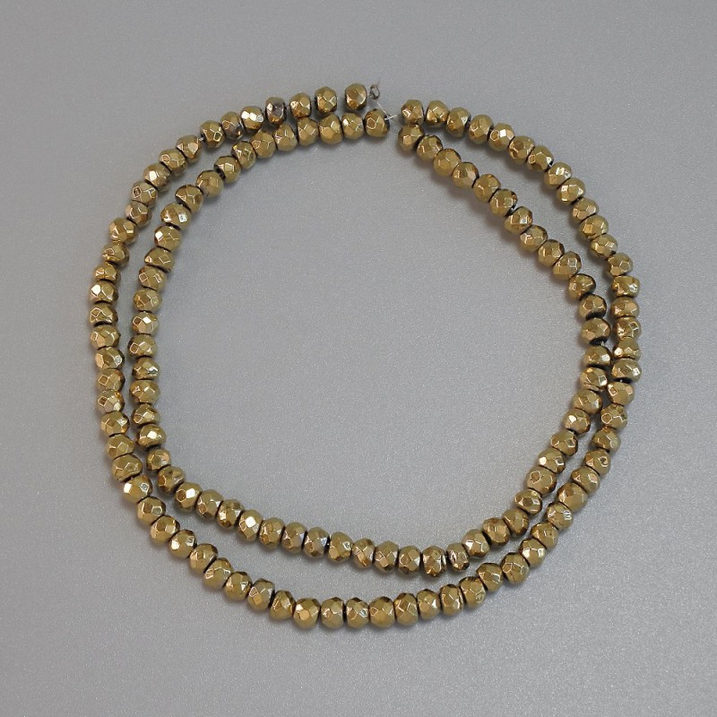 Hematite Beads Gold-Colored Faceted Rondelle 4x3mm+ on Thread, 38cm+ Length