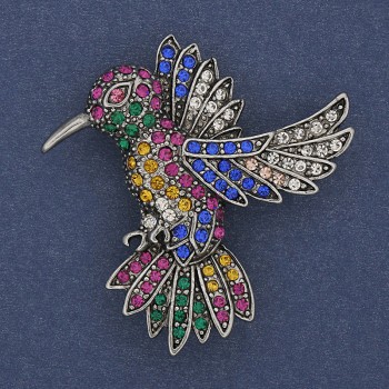 Brooch Colibri with colored rhinestones on silver metal 45x42mm+