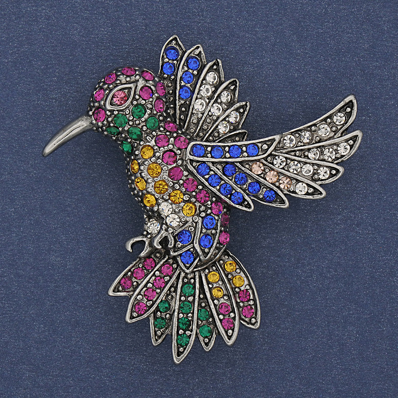 Brooch Colibri with colored rhinestones on silver metal 45x42mm+