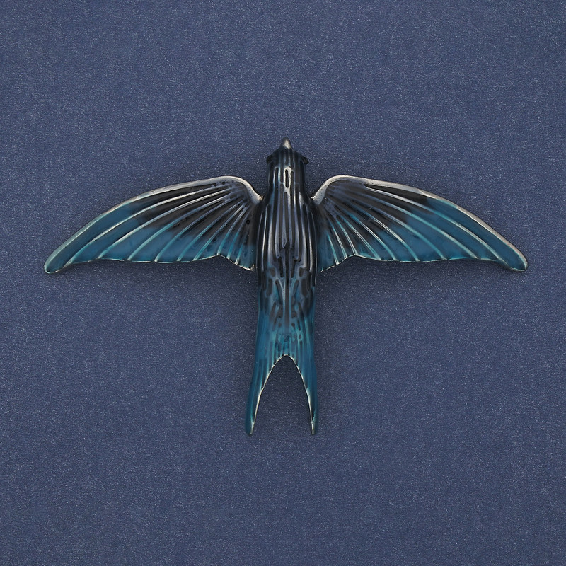 Brooch Pendant - Grey and Blue Enamel Swallow on Silver Metal 78x50mm+