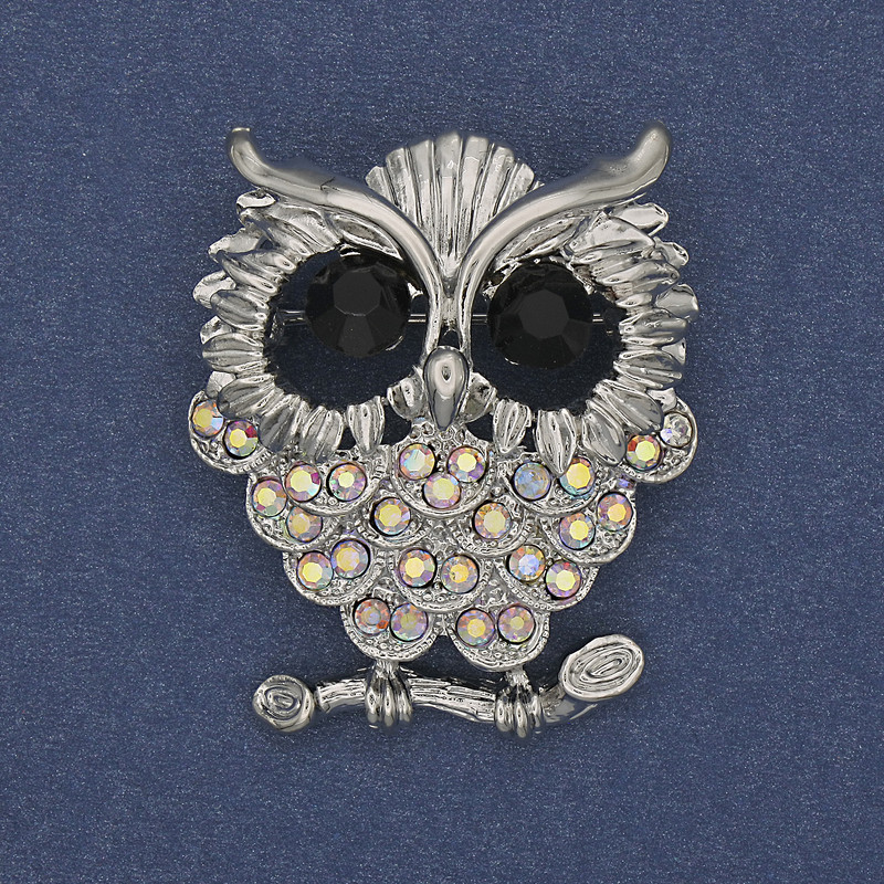 Owl Brooch with Rainbow and Black Rhinestones on Silver Metal 31×38 mm+