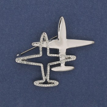 Brooch pendant Aircraft with white crystals, silver metal 43x50mm+