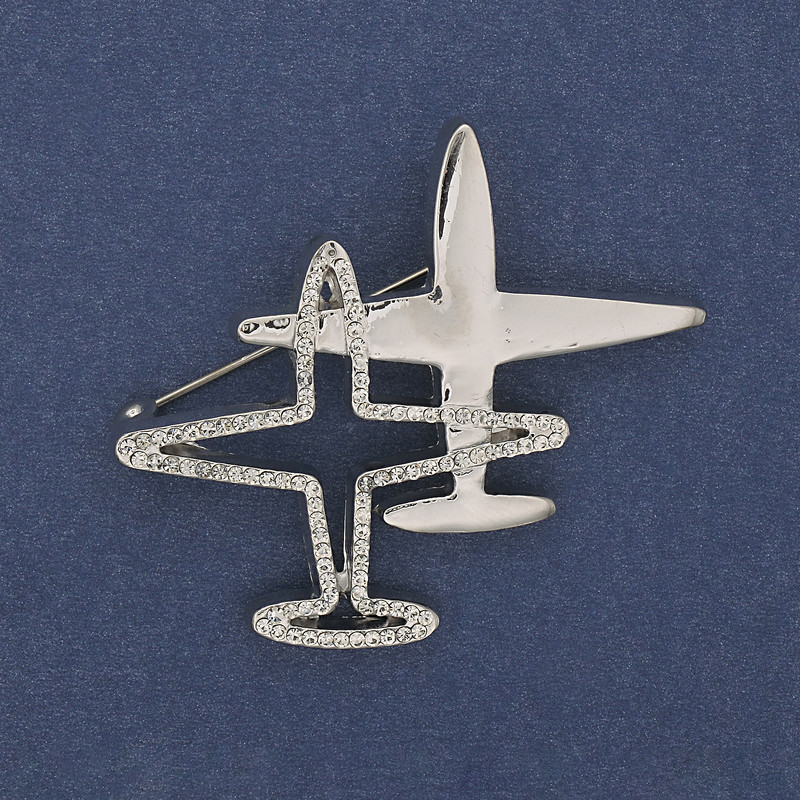Brooch pendant Aircraft with white crystals, silver metal 43x50mm+