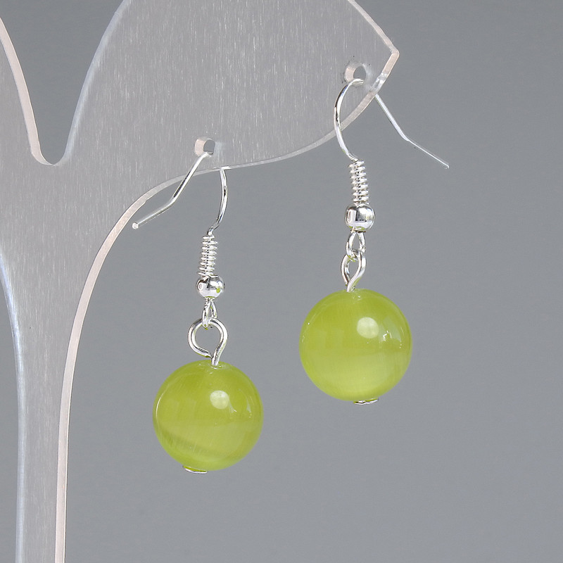 Olive Cat's Eye Smooth Bead Earrings, diameter 11.5 mm ±, length 30 mm ±, silver-toned metal