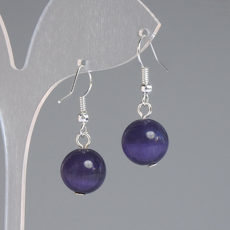 Earrings Purple Cat's Eye Smooth Bead, diameter 11.5mm +-, length 30mm +-, silver metal