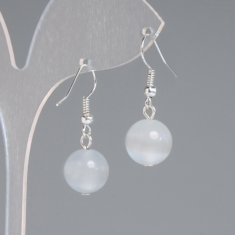 Earrings in Gray Cat's Eye with Smooth Bead, diameter 11mm±, length 30mm±, Silver Metal