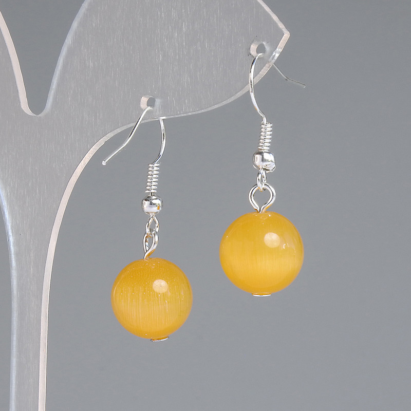 Earrings Orange Cat's Eye Smooth Bead, diameter 11.5mm±, length 30mm±, silver metal
