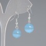 Blue Cat's Eye Bead Earrings, Smooth Round Bead 11.5mm ±, 30mm ± Length, Silver Metal