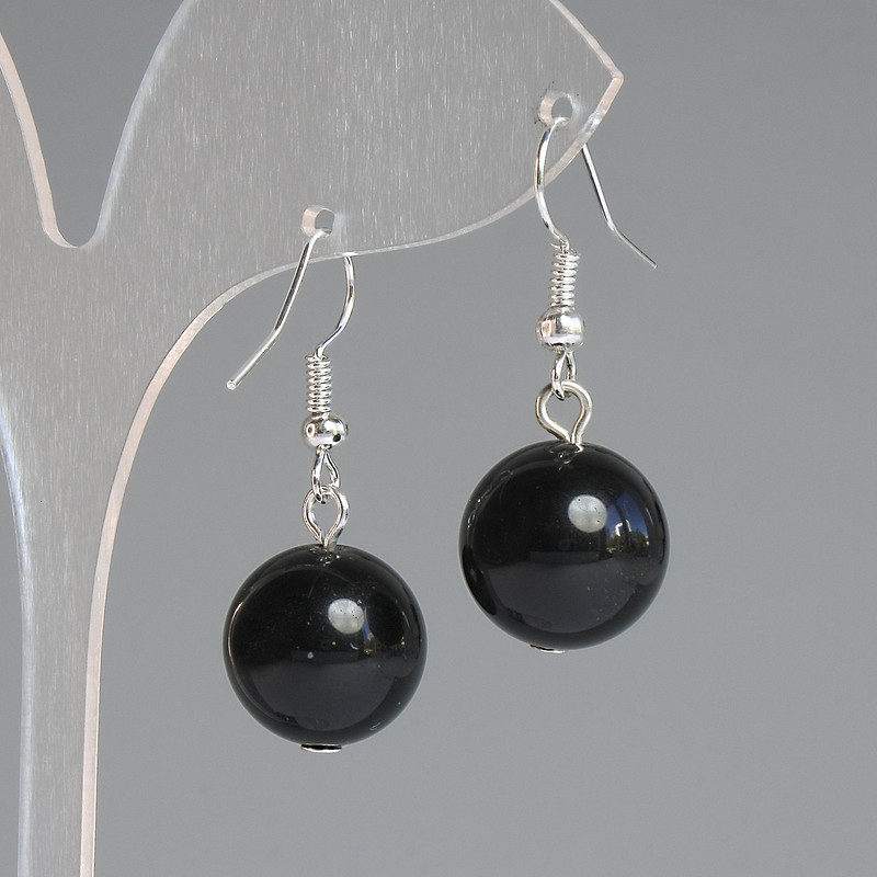 Earrings Sunstone Obsidian Smooth Bead, diameter 14mm±, length 32mm±, silver-tone metal