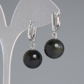 Earrings Sun Stone Obsidian Smooth Ball, diameter 14mm±, length 32mm±, silver-tone metal
