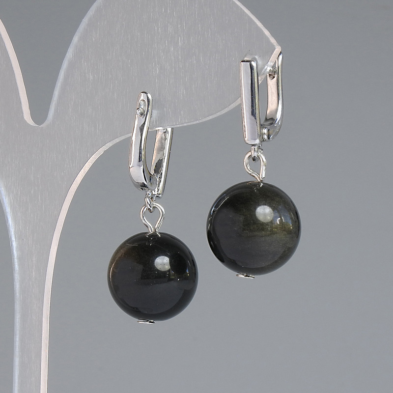 Earrings Sun Stone Obsidian Smooth Ball, diameter 14mm±, length 32mm±, silver-tone metal