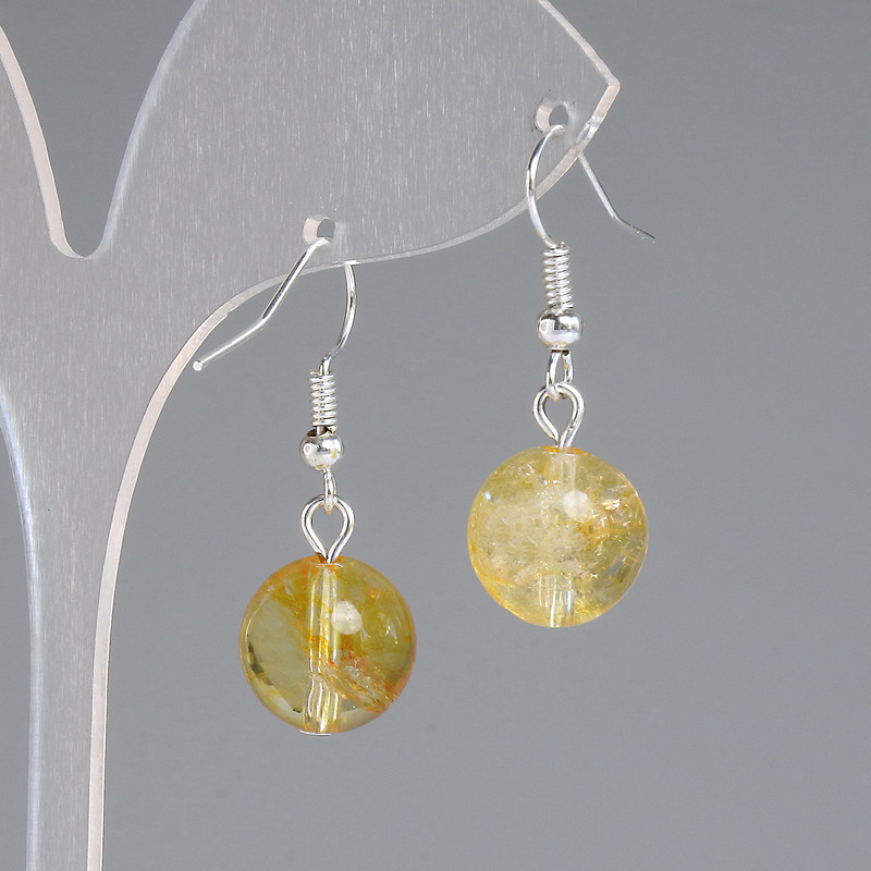 Earrings Citrine Smooth Bead, 12mm Diameter, 30mm Length, Silver Tone Metal