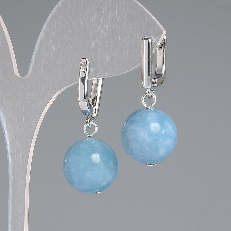 Aquamarine Earrings Natural Stone Smooth Bead, diameter 14mm ±, length 32mm ±, silver-colored metal