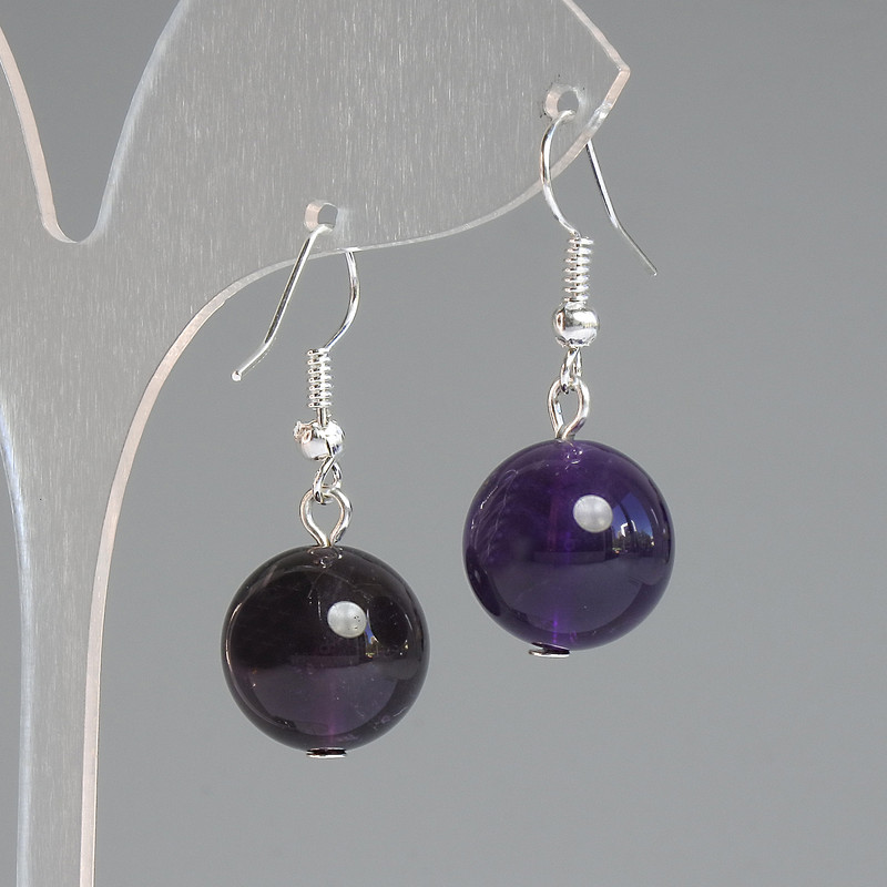 Earrings Amethyst Natural Stone Smooth Bead, diameter 14mm±, length 32mm±, Silver-tone metal