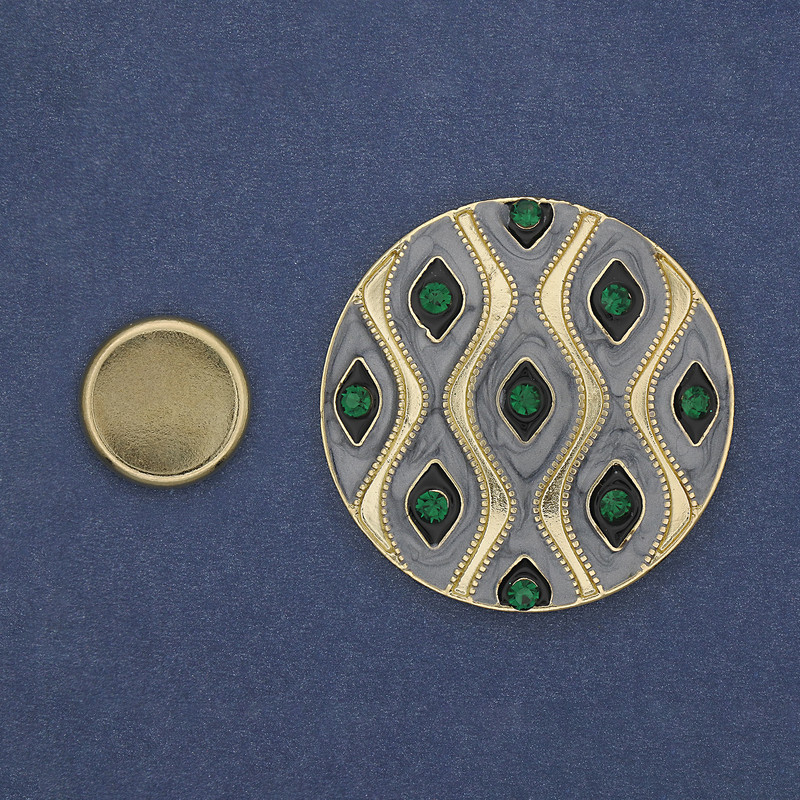 Magnetic Brooch Accent with Green Rhinestones 40mm+- Gray Enamel Gold-Toned Metal