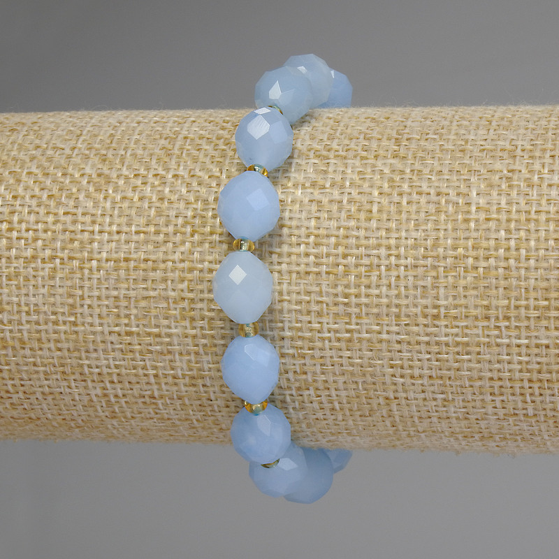 Aquamarine Bead-Style Bracelet, faceted grain shape, diameter 10x8, 5mm+- beads, 3mm+- seed beads, length 18 cm, stretch