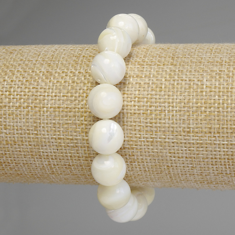 Bracelet, Mother-of-Pearl Smooth Bead, diameter 12mm±, length 18cm stretch