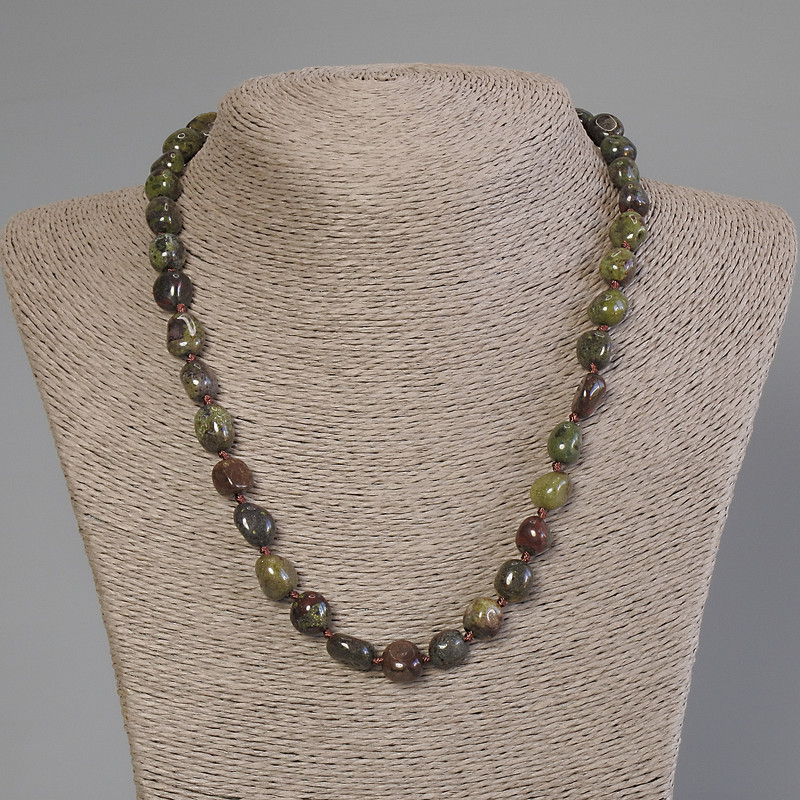 Jasper, Dragon's Blood, Cabochon Beads Necklace, diameter 11×8-9 mm, length 50 cm +/- with clasp
