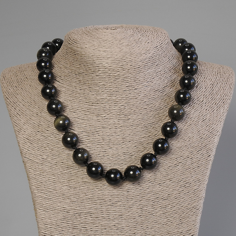 Necklace of Sun Obsidian Smooth Bead, 14 mm diameter, length 50 cm ± with clasp