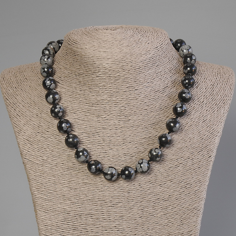 Snowy Obsidian Bead Necklace with a smooth round bead, 12mm diameter, ~50cm length with clasp