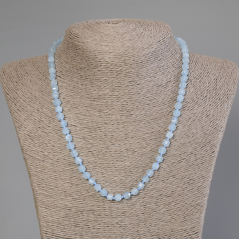 Aquamarine Bead Necklace with Faceted Cube, 5x5 mm, about 50 cm long with clasp