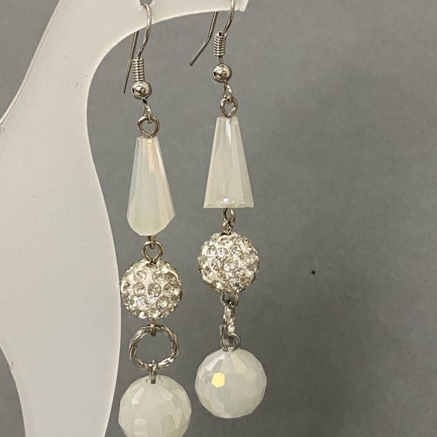 Earrings "Evening" white "soffit" with a white matte finish and gasoline spray Czech crystal, length 7 cm