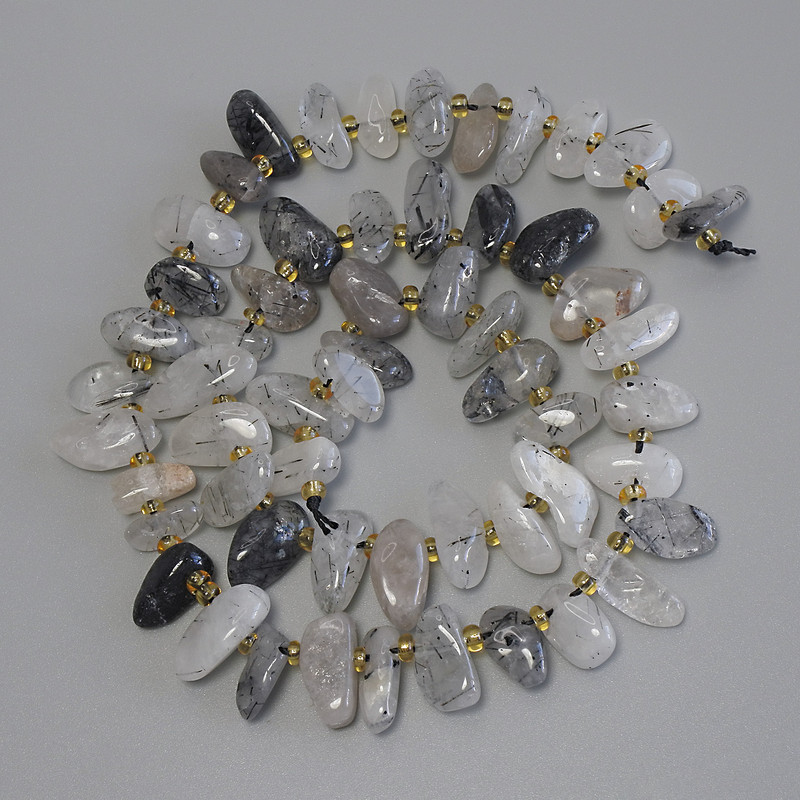 Rutilated Quartz Hairy (Hair-like) Butterfly Beads, 12-14x5-7mm, glass beads 3mm+, 40m+- on thread