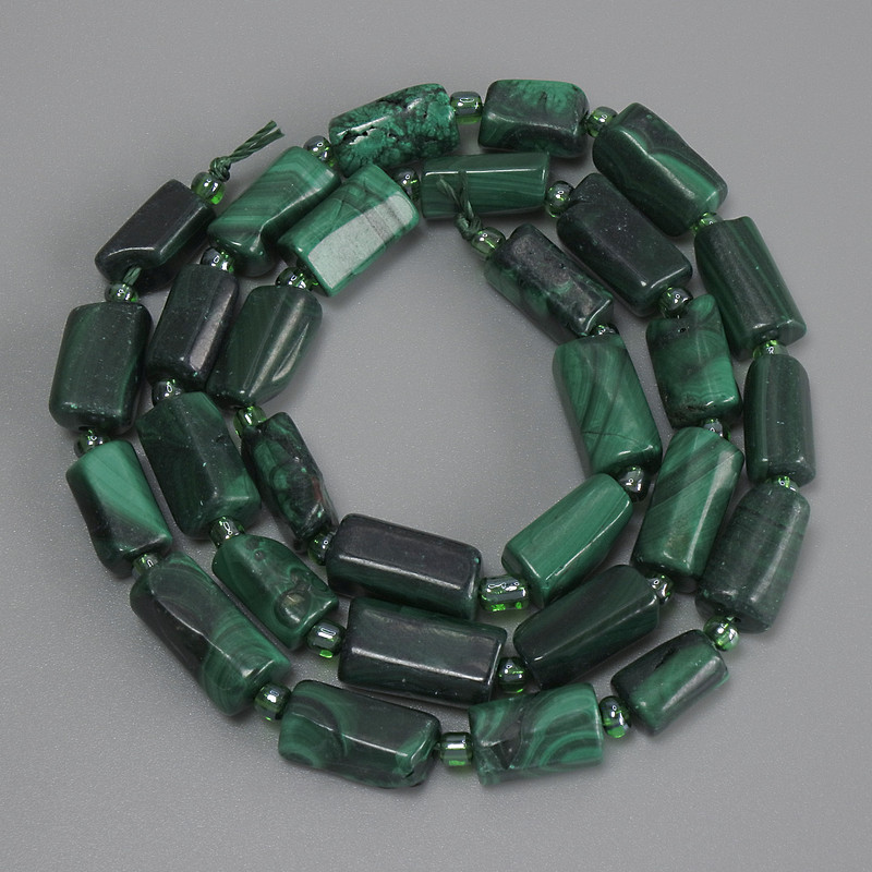 Malachite Beads, Cabochon Cut, diameter 10-12×6-6, 5mm+- beads 3mm+-, length 39cm+- on thread