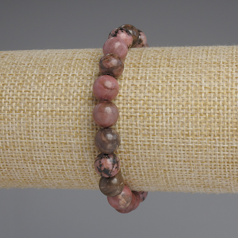 Rhodonite Bracelet Smooth Beads, 8.5 mm diameter, 18 cm length, stretch