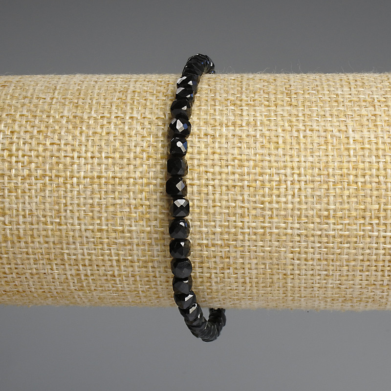Bracelet, Black Tourmaline Faceted Cube, 4x4mm Diameters, Stretch 18cm