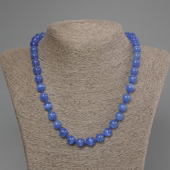 Blue Cat's Eye Bead Necklace, Smooth Round Beads 9mm Ø, 50cm length ± with clasp