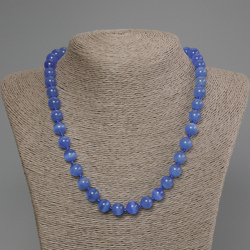 Blue Cat's Eye Bead Necklace, Smooth Round Beads 9mm Ø, 50cm length ± with clasp