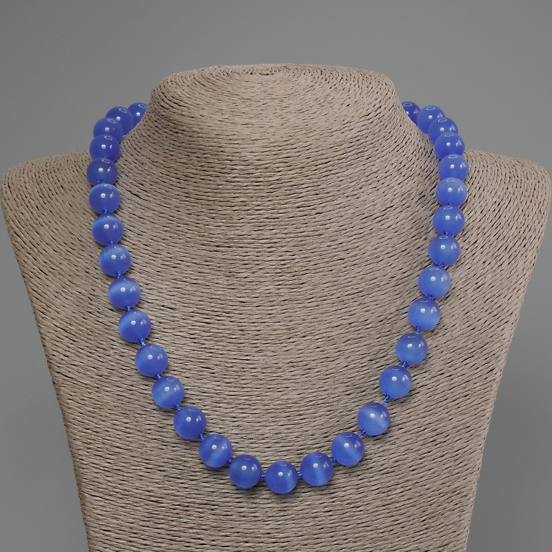 Blue Cat's Eye Necklace, smooth round beads, 11mm diameter, 50cm length, with clasp