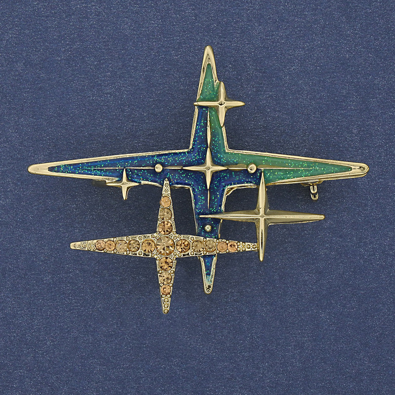 Brooch Accent Star with Yellow Crystals Blue Enamel Gold-Tone Metal 35x46mm+