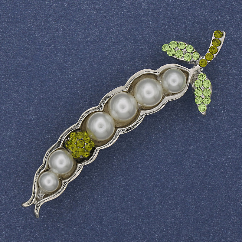 Brooch Bean Pod Green Rhinestones Pearls Silver-toned Metal 19x62mm+