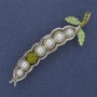 Brooch Bean Pod Green Rhinestones Pearls Silver-toned Metal 19x62mm+