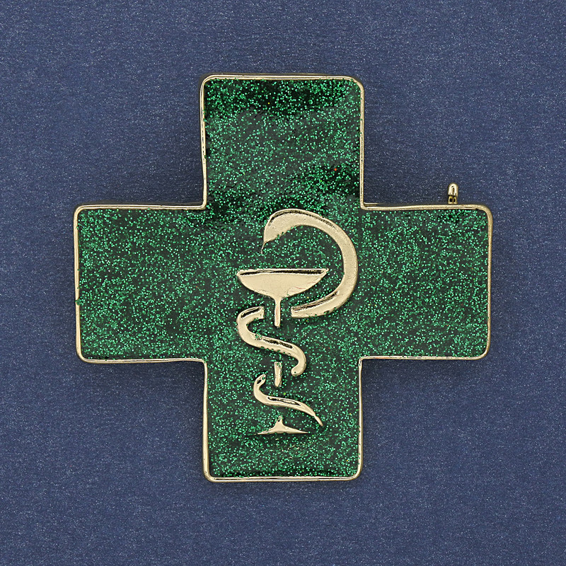 Brooch Pendant Cross with Serpent over a Cup Green Enamel Gold-Tone Metal 38x38mm+